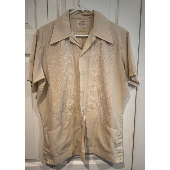 Vintage Guayabera Mens Snap Button Shirt Tan Embroidered - Picture 1 of 7